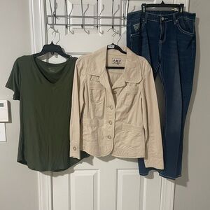 Green T shirt nwt xl with Beige Jacket and Blue Jeans xl nd weekend sz 16